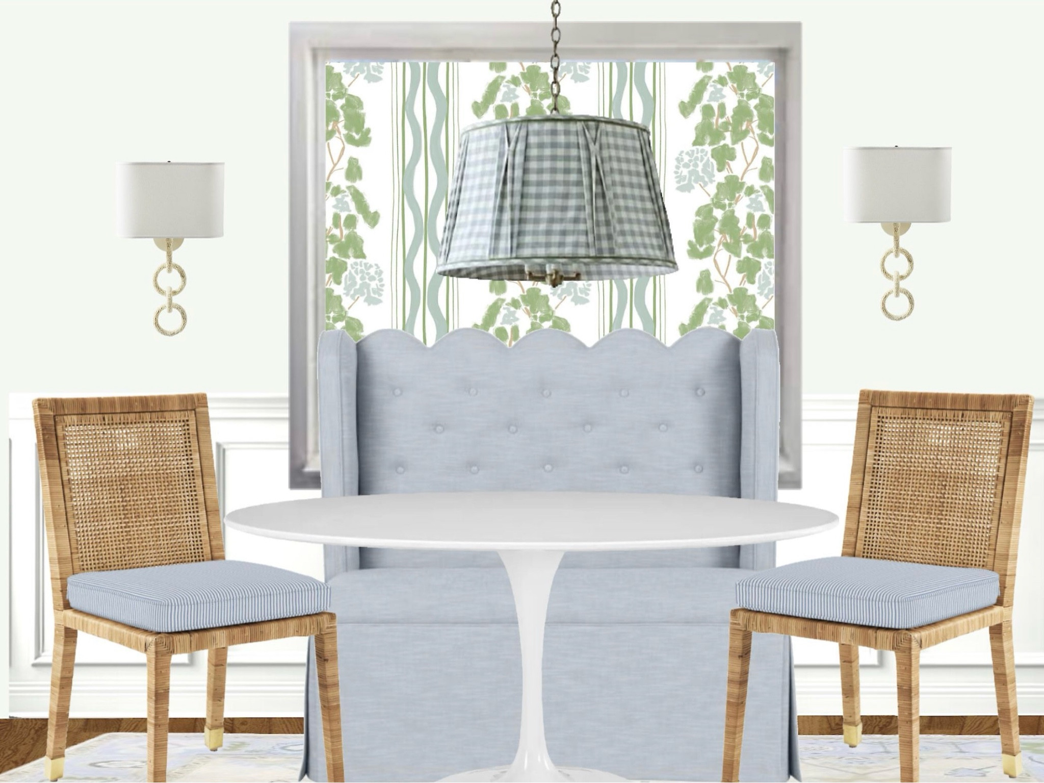Breakfast nook. Roman shade fabric. Pendant light. Ballard designs. Serena and Lily. Dupe. Tulip table. Rattan dining chairs. Oushak rug. Wall sconce. Coastal design. Charleston home. Banquette seating. Scallop. Grandmillennial. Interior design. Kitchen. Dining room. Budget home  

#LTKSaleAlert #LTKHome #LTKSeasonal