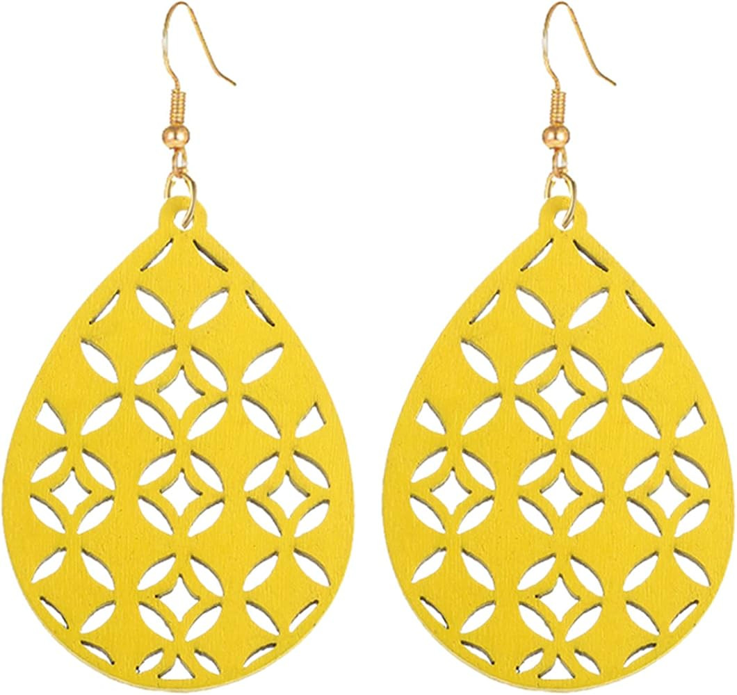 Bohemian Wooden Hollow African Earrings for Women Natural Light Weight Wood Teardrop Drop Dangle ... | Amazon (US)