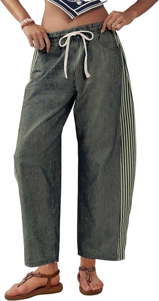 SCUSTY Women's Baggy Wide Leg Jeans Mid Rise Barrel Denim Ankle Pants Casual Striped Pull On Draw... | Amazon (US)