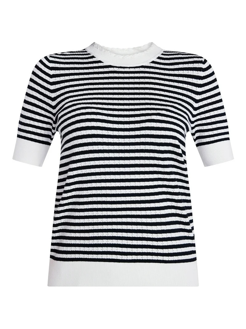 Time and Tru Women's Stripe Pointelle Rib Sweater with Short Sleeves, Lightweight, Sizes XS-XXXL | Walmart (US)