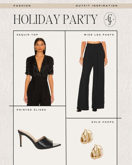 Holiday party outfit inspiration for all your upcoming gatherings and events! Sequin top, wide leg pants, pointed slides, gold hoops  

#LTKstyletip #LTKHoliday