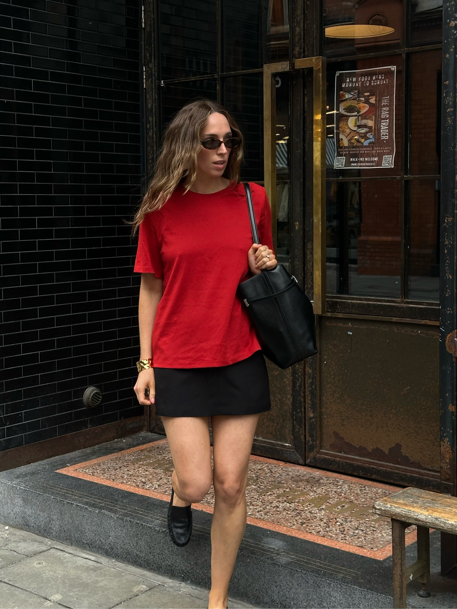 East summer city outfit 🖤 use code Ciara15 for 15 off Goelia items (teeshirt & skirt) red teeshirt, black mini skirt, black loafers, black bucket bag 

#LTKeurope #LTKsummer #LTKireland