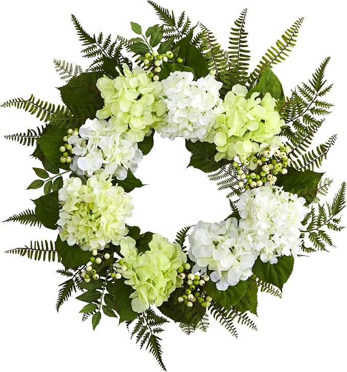 Nearly Natural 24” Hydrangea Berry Wreath, White | Amazon (US)