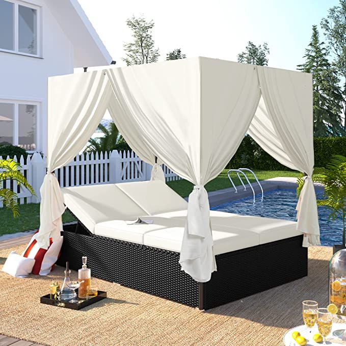 Outdoor Patio Wicker Sunbed Daybed with Side and Overhead Curtains, UV-Proof Resin PE Rattan Dayb... | Amazon (US)