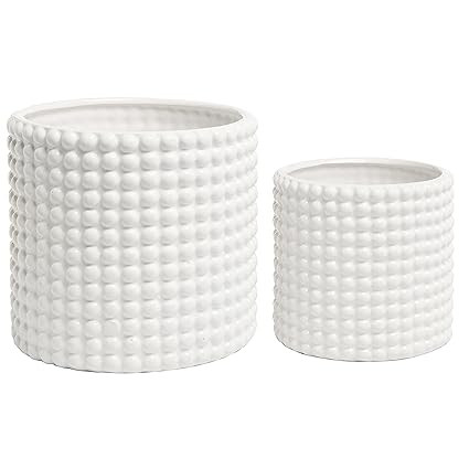 MyGift Set of 2 White Ceramic Vintage-Style Hobnail Textured Flower Planter Pots/Storage Jars | Amazon (US)