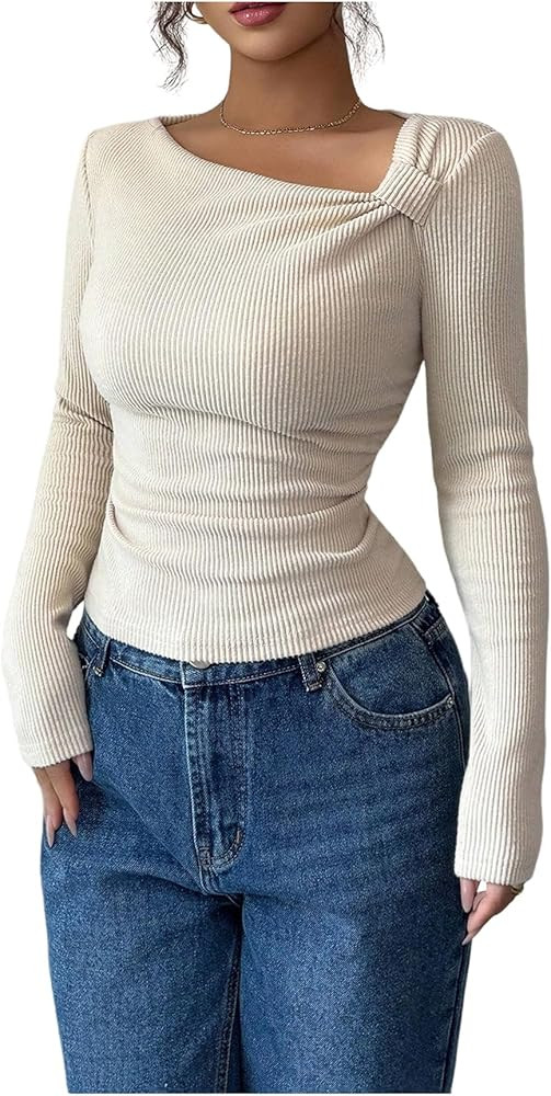 GORGLITTER Women's Asymmetrical Fitted Long Sleeve Tops T Shirt Ribbed Knit Slim Fit Fall Fashion... | Amazon (US)