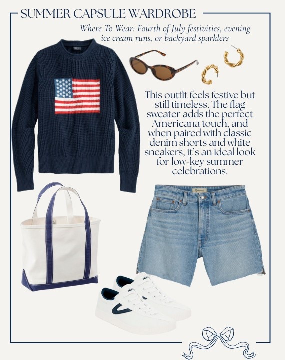Classic Style Summer Capsule Wardrobe // NAVY AMERICAN FLAG SWEATER, DENIM SHORTS & WHITE SNEAKERS // This outfit feels festive but still timeless. The flag sweater adds the perfect Americana touch, and when paired with classic denim shorts and white sneakers, it’s an ideal look for low-key summer celebrations. Where to Wear: Fourth of July festivities, evening ice cream runs, or backyard sparklers

#LTKFindsUnder100 #LTKStyleTip #LTKSeasonal