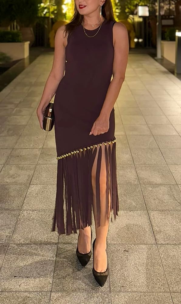 Ryehack Women\u2019s Sexy Bodycon Midi Dress Elegant Sleeveless Asymmetrical Fringe Cocktail Prom... | Amazon (US)