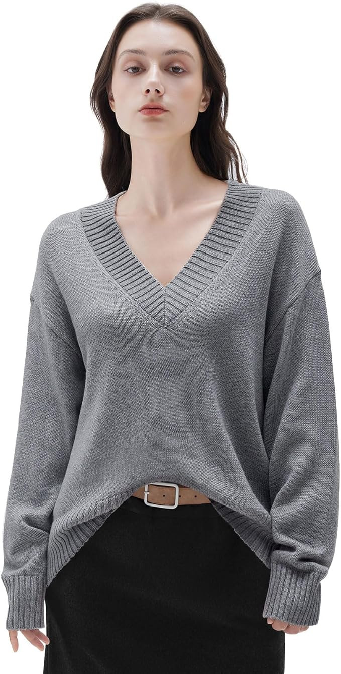SUUKSESS Women Cashmere Blend Oversized V Neck Long Sleeve Pullover Sweaters | Amazon (US)