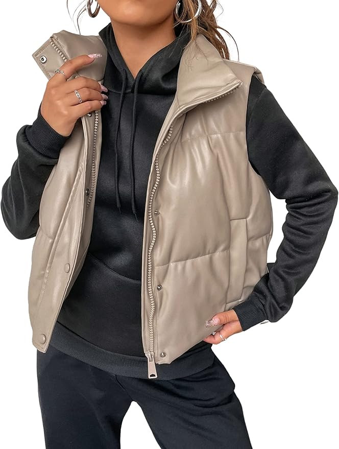 Uaneo Womens PU Leather Cropped Puffer Vest Winter Faux Leather Zip Up Sleeveless Jacket | Amazon (US)