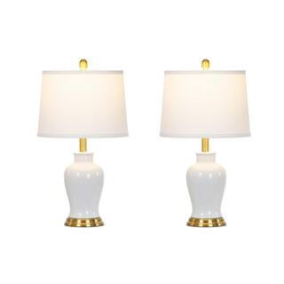 23 in. White Ginger Jar Table Lamp Set with Fabric Shade and LED Bulb (Set of 2) | The Home Depot