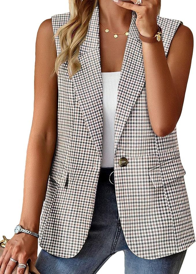 2024 Fall Sleeveless Blazer Vest Fully Lined One Button Fashion Casual Open Front Work Vest Tops ... | Amazon (US)