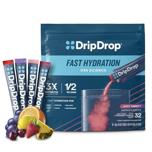 DripDrop Hydration Packets - Juicy Variety Pack - Single Serve Electrolytes Powder Drink Mix - Grape, Fruit Punch, Strawberry Lemonade, Cherry - Non-GMO, Gluten Free, Vegan - 32 Sticks | Amazon (US)