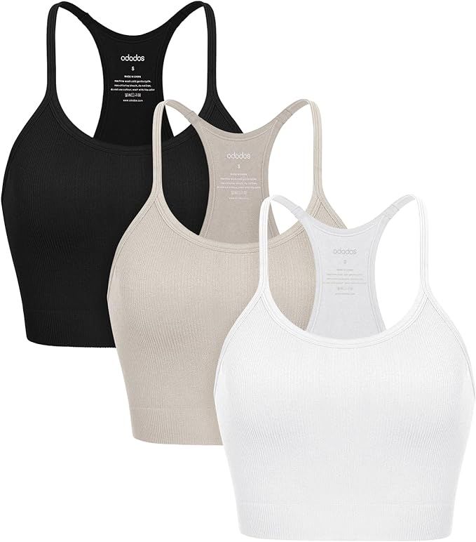 ODODOS 3-Pack Seamless Racerback Sports Bra for Women Ribbed Camisoles Non Padding Yoga Bra Crop ... | Amazon (US)
