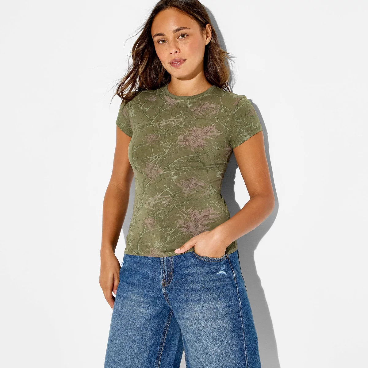 Women's Short Sleeve Crewneck T-Shirt - Wild Fable™ Green Floral M | Target