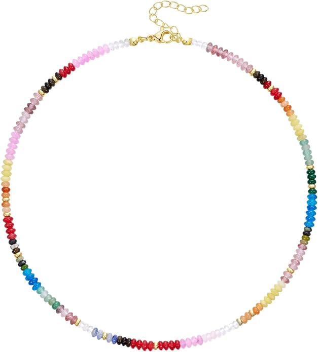 Beaded Necklace for Women, Colorful Gemstone Boho Bead Choker for Beach, Trendy Summer Natural St... | Amazon (US)