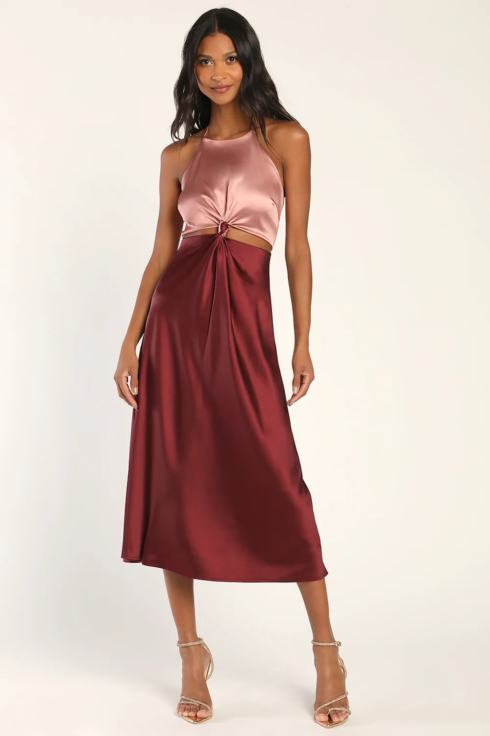 Icon Update Burgundy Color Block Knotted Halter Midi Dress | Lulus (US)