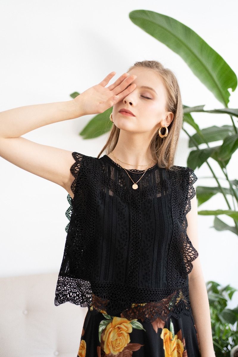 Crochet Trim Sleeveless Lace Top in Black | Chicwish