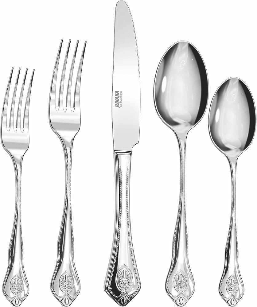 Regent Bead Flatware Set, 20-Piece Stainless-Steel Luxury Silverware Set Service for 4, Pearled E... | Amazon (US)