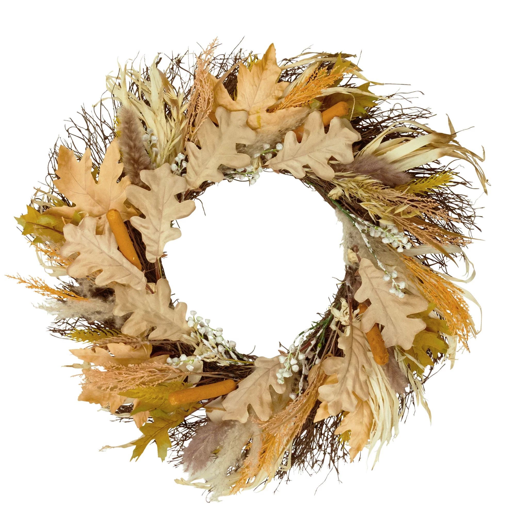 Cattail and Wheat Twig Artificial Fall Harvest Wreath, 24-Inch - Walmart.com | Walmart (US)