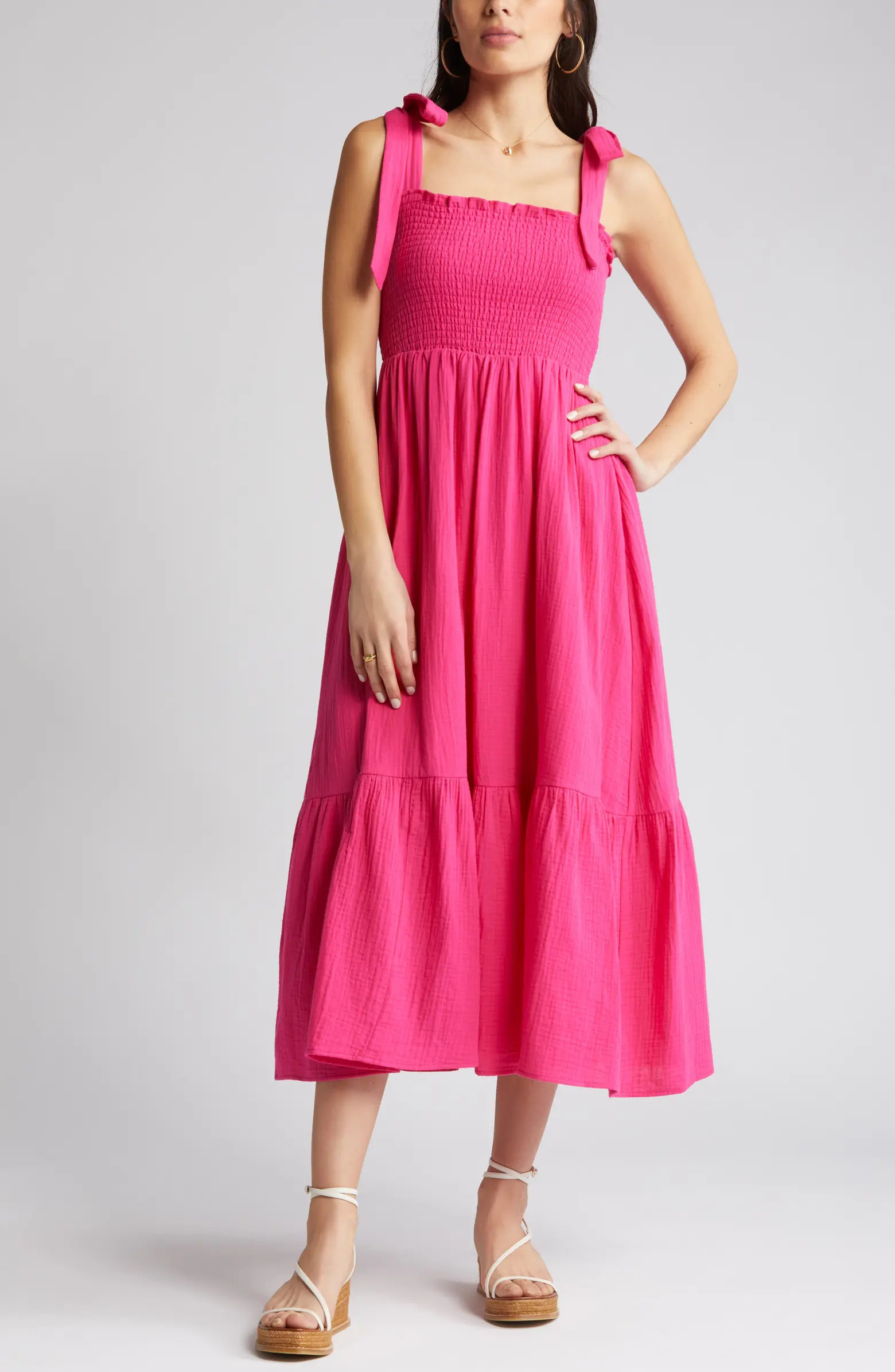 Smocked Tie Strap Cotton Gauze Midi Sundress | Nordstrom