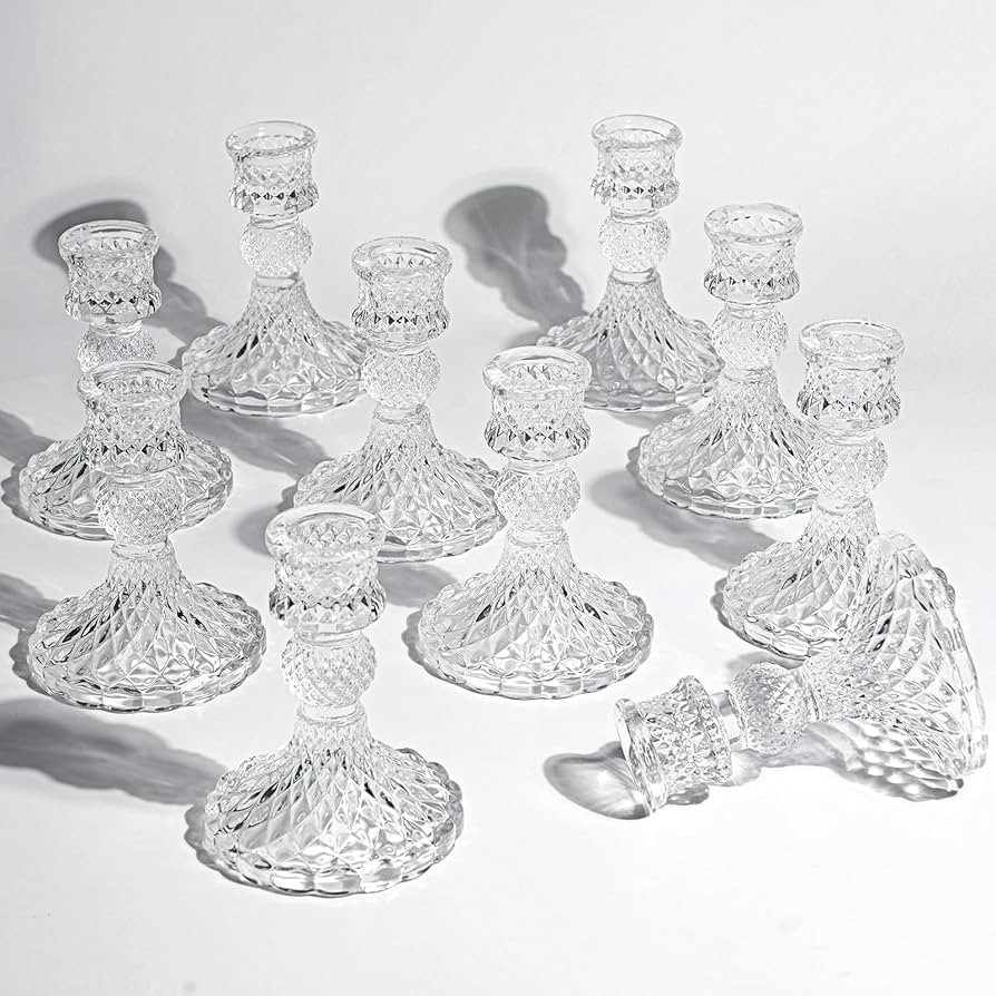 4" Tall Glass Candle Holder Set of 10 Glass Taper Candle Holders for Candlesticks Clear Crystal G... | Amazon (US)
