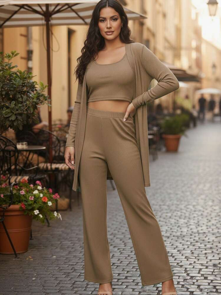 Women Rib-Knit Scoop Neck Long Sleeve Crop Top With Cardigan And Pants Set Casual Elegant Three-Piece Outfit High Stretch Fabric | SHEIN