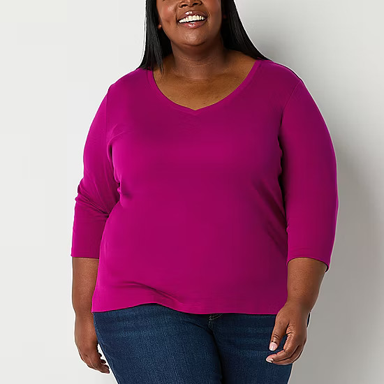 St. John's Bay Womens Plus V Neck 3/4 Sleeve T-Shirt - JCPenney | JCPenney