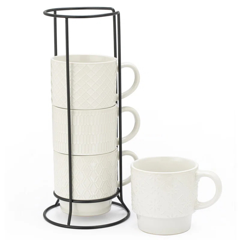 White Embossed Stackable Coffee Mug Set with Rack (Set of 5) | Wayfair North America
