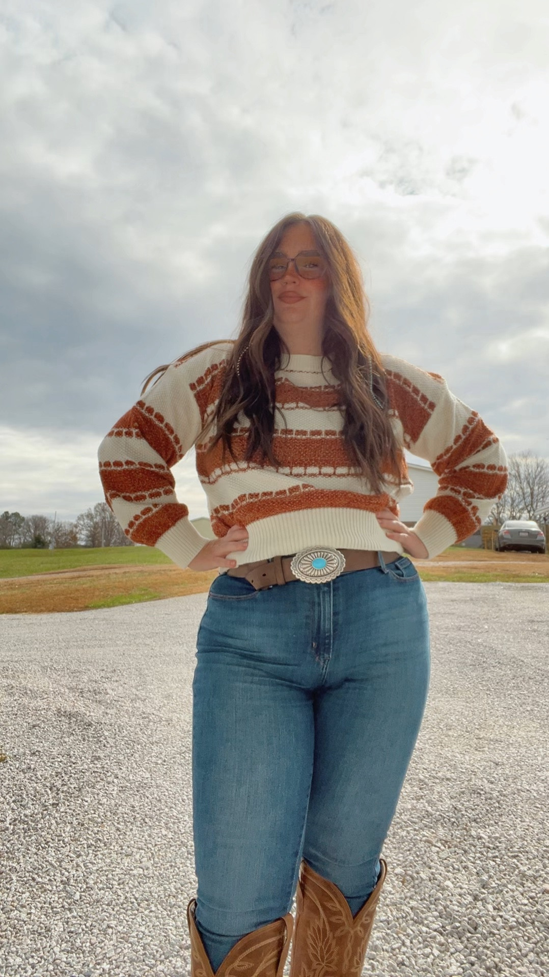 Size large in the sweater
14 in the jeans
XL in the belt
Size 8 in the boots

#LTKSeasonal #LTKHoliday #LTKMidsize