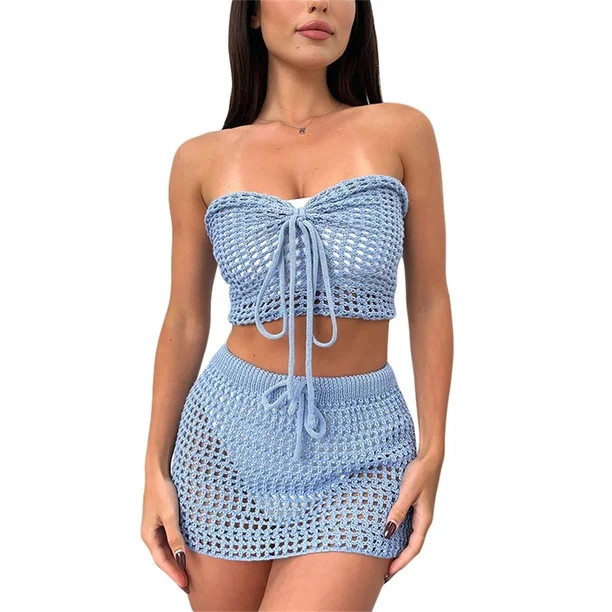 Sunisery Women Two Piece Outfit Crochet Crop Top Mini Skirt Set Women Knitted 2 Piece Outfits | Walmart (US)