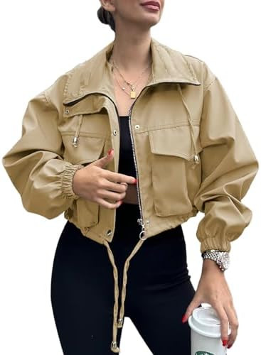Tankaneo Womens Cropped Jacket Zip Up Lightweight Oversized Utility Anorak Coat with Pockets | Amazon (US)