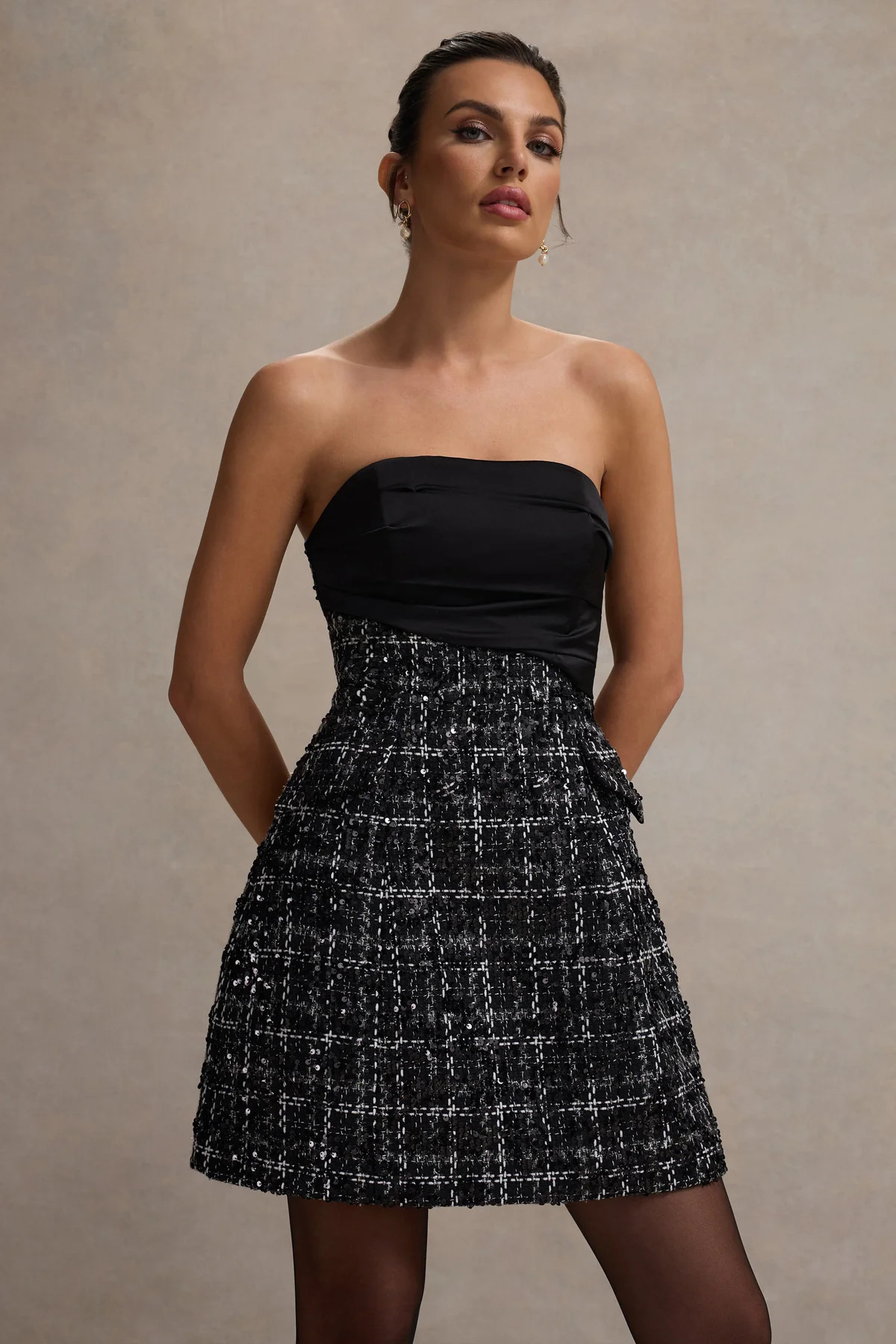 Park Avenue | Black Boucle Strapless Tailored Mini Dress | Club L London