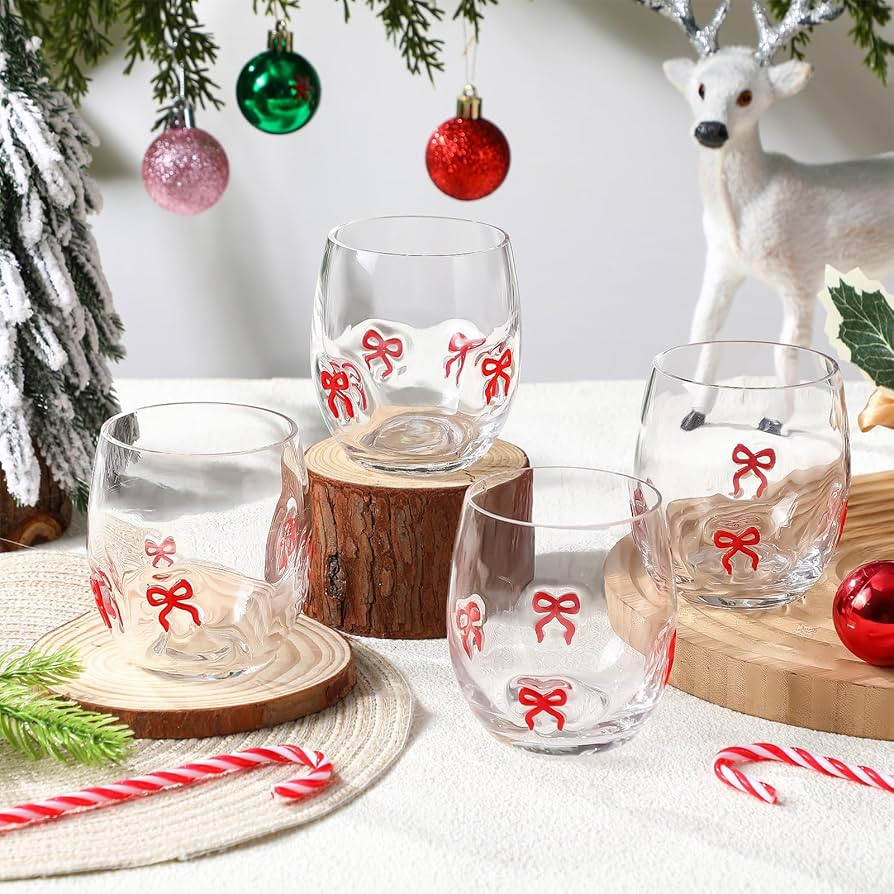 4 Pcs Christmas Icon Glasses Cups Aesthetic Bow Cocktail Glass 15 oz Funny Holiday Juice Icon Coq... | Amazon (US)