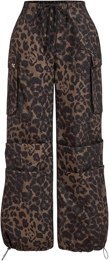 Floerns Women's Leopard Straight Leg Cargo Pants Cheetah Drawstring Ruched Trousers | Amazon (US)