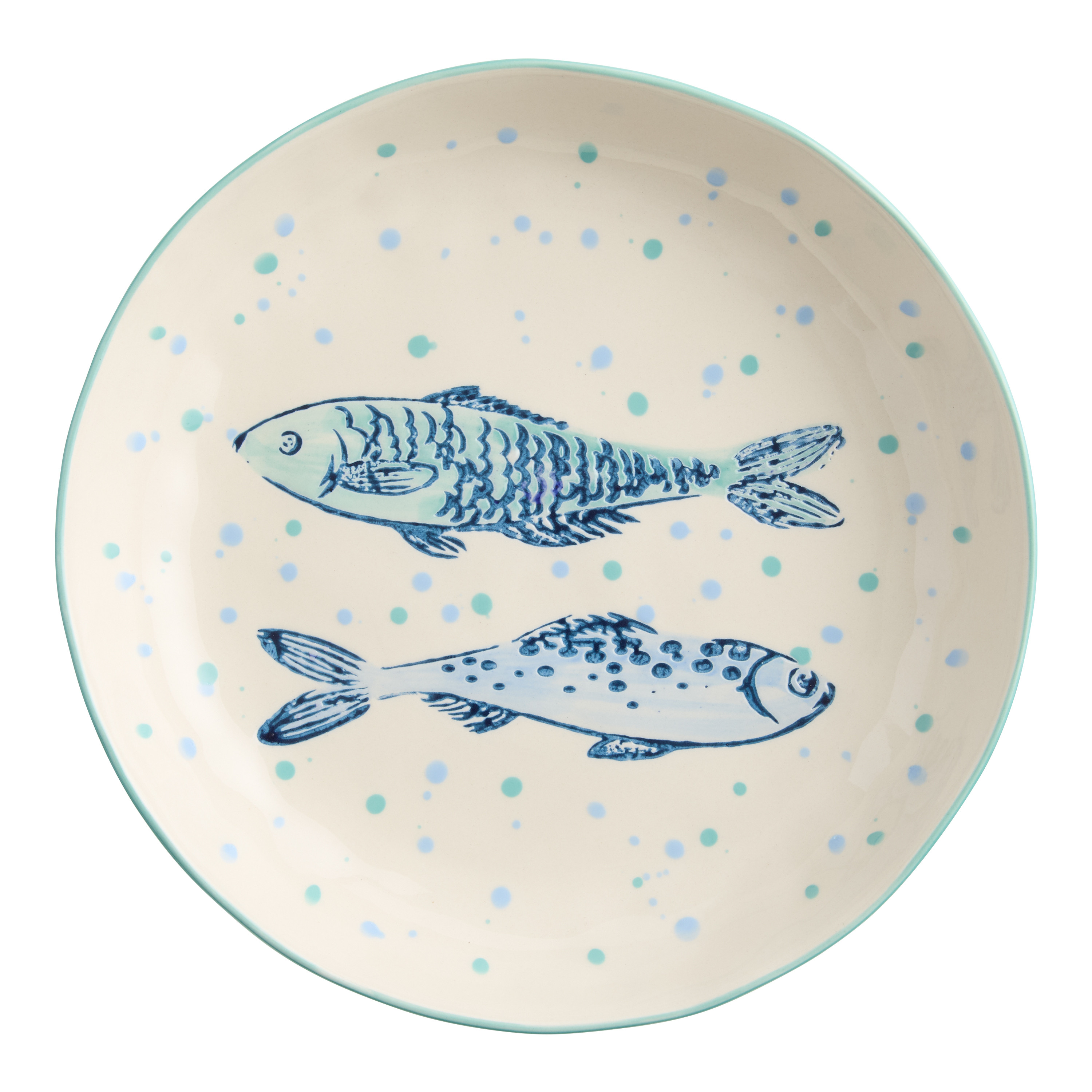 Ivory and Blue Sardines Hand Painted Low Bowl | World Market