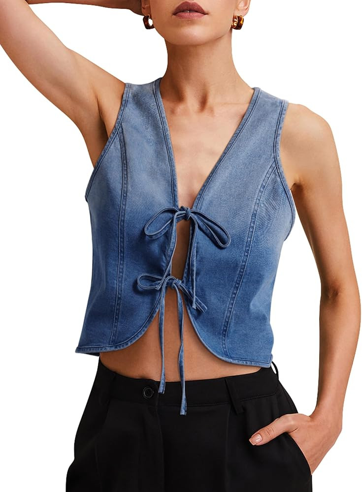 Womens Denim Vest Crop Sleeveless V Neck Denim Top Retro Tie Up Front Jean Vest | Amazon (US)