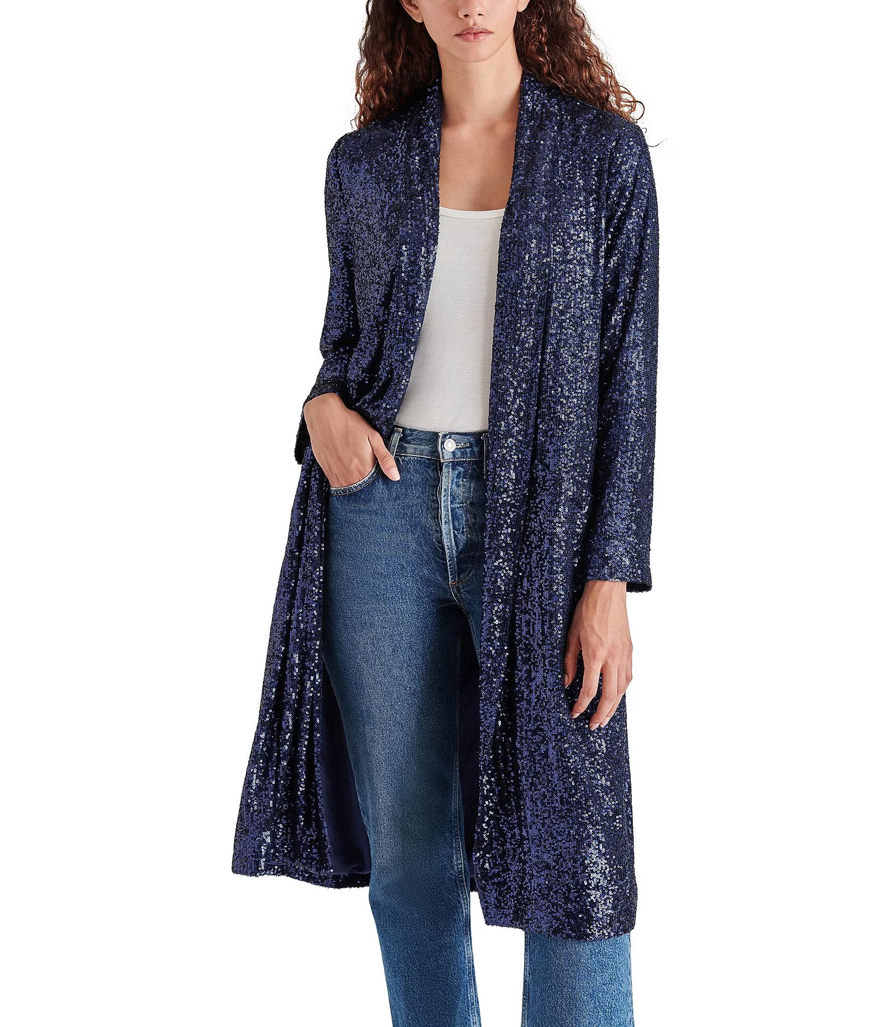 The Show Stopper Open Front Long Sleeve Sequin Statement Duster | Dillard's