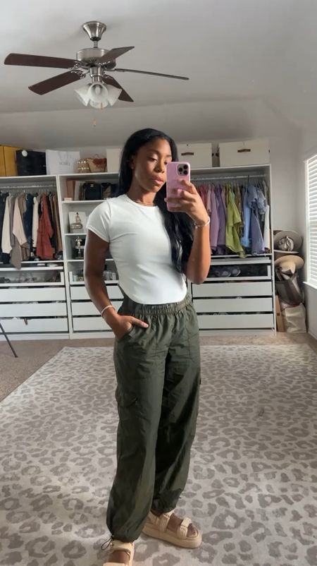 Casual spring ootd! Love these cargo pants from Target they are sold out but the ones from aerie are so cute and ON SALE!!! My white tee is from Amazon! My sandals are Steve Madden. I wore this to go renew my drivers license today! 

#LTKfindsunder50 #LTKstyletip #LTKVideo