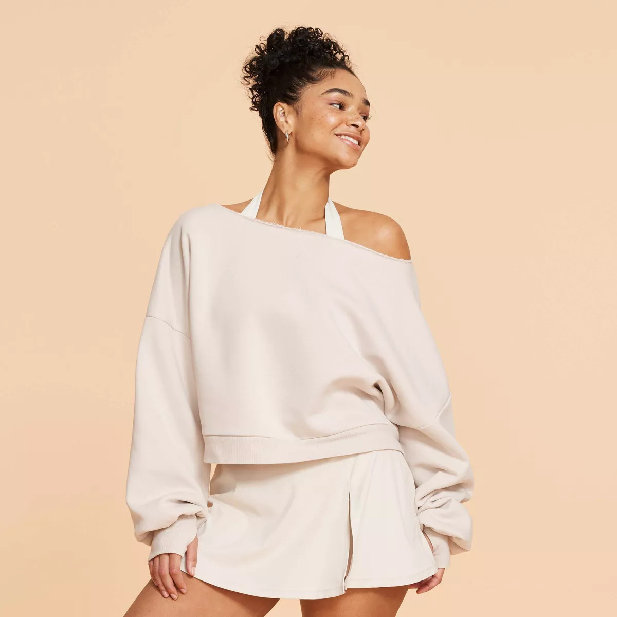 Blogilates Women's Dance Studio Off the Shoulder Sweatshirt - Light Taupe S | Target