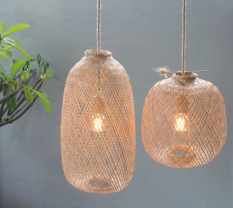 Bamboo Pendant Light - Handmade Wooden Pendant Lamp Hanging Repurposed Fishing Trap Basket, Hangi... | Etsy (US)