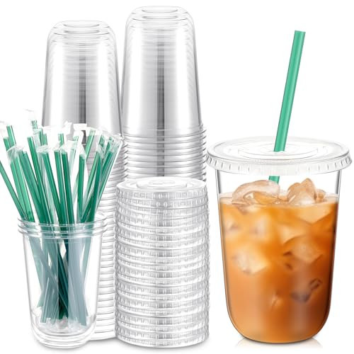Baderke 25 Set Plastic Cups with Lids and Straws, Disposable Plastic Iced Coffee Cup for Cold Beverage Juice Smoothie Crystal for Coffee Shops Party Catering(Clear,16 oz) | Amazon (US)