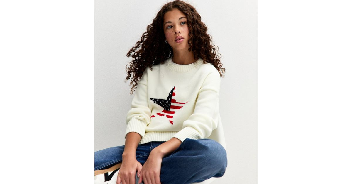Girls White American Flag Star Crew Neck Jumper | New Look | New Look (UK)