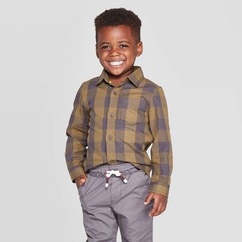 Toddler Boys' Specialty Twill Long Sleeve Buffalo Check Button-Down Shirt - Cat & Jack™ Green | Target