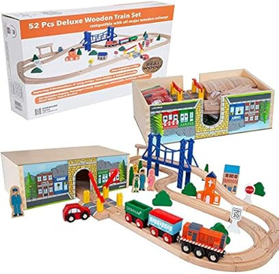 Orbrium Toys 52 Pcs Deluxe Wooden Train Set with 3 Destinations Fits Thomas, Brio, Chuggington, M... | Amazon (US)