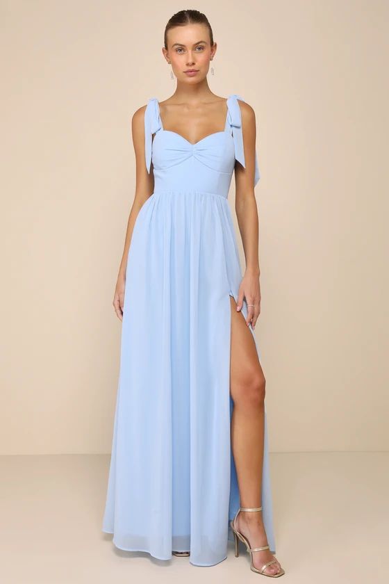 Radiant Charisma Light Blue Chiffon Ruched Tie-Strap Maxi Dress | Lulus