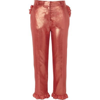Roze metallic cropped broek met ruches aan de zoom | River Island SE