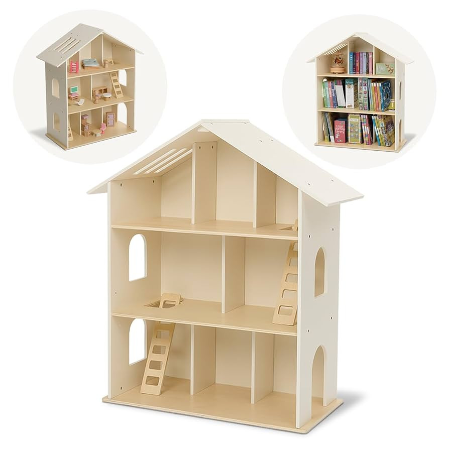 Monlurd 100% Birch Dollhouse Bookshelf for Kids, Dollhouse Bookcase, Wooden Dollhouse Furniture, ... | Amazon (US)