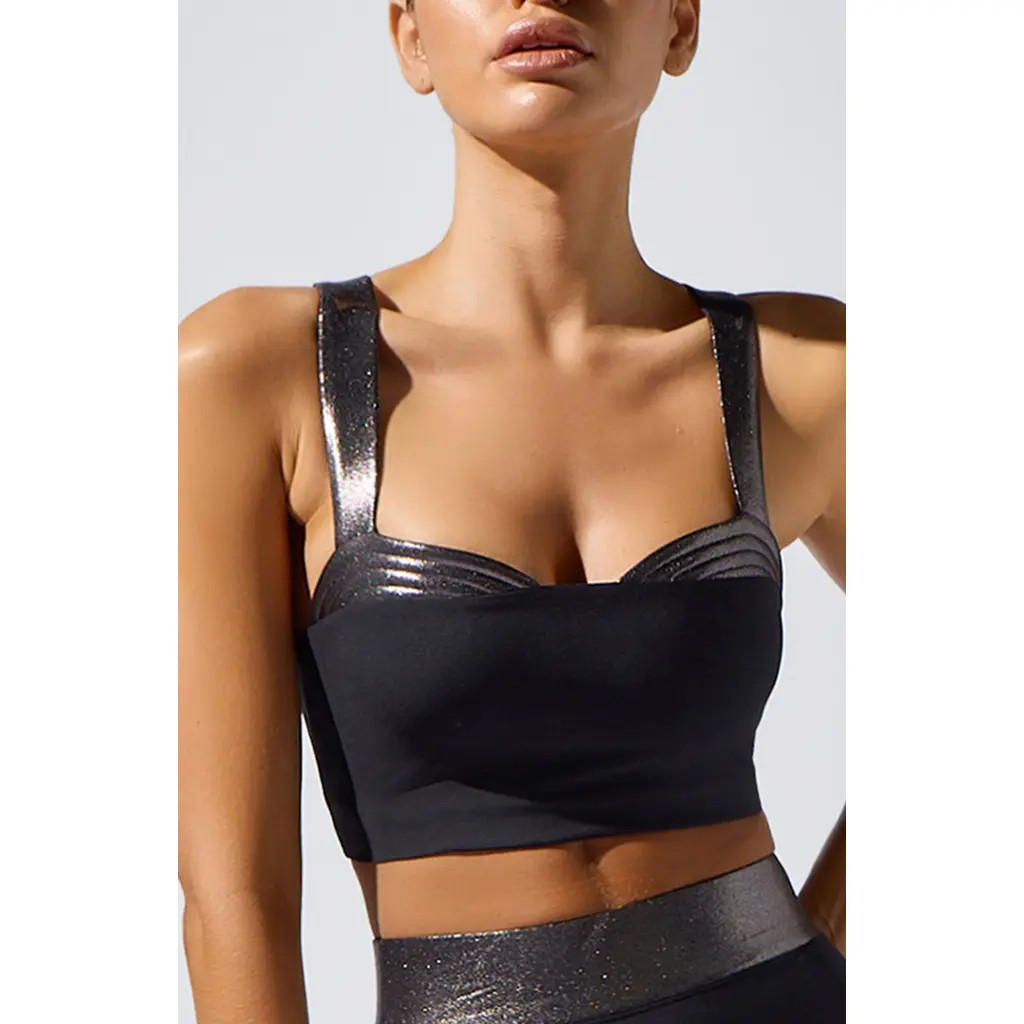 Heroine Sport Lina Metallic Trim Longline Sports Bra in Black at Nordstrom, Size Medium | Nordstrom