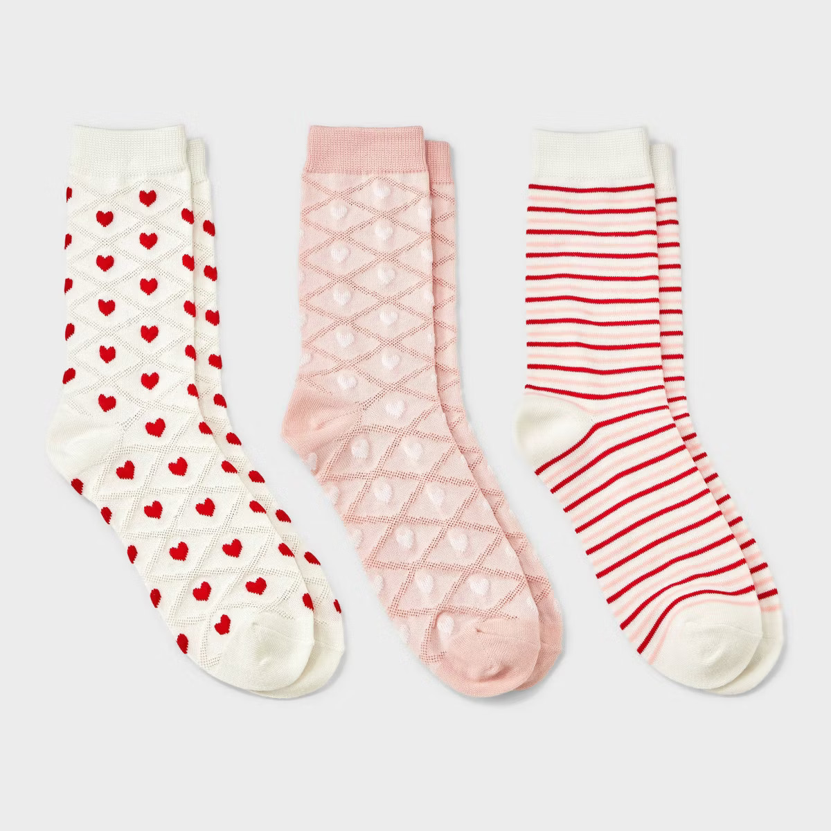 Women's Textured Hearts Valentine's Day 3pk Crew Socks - Ivory/Pink 4-10 | Target